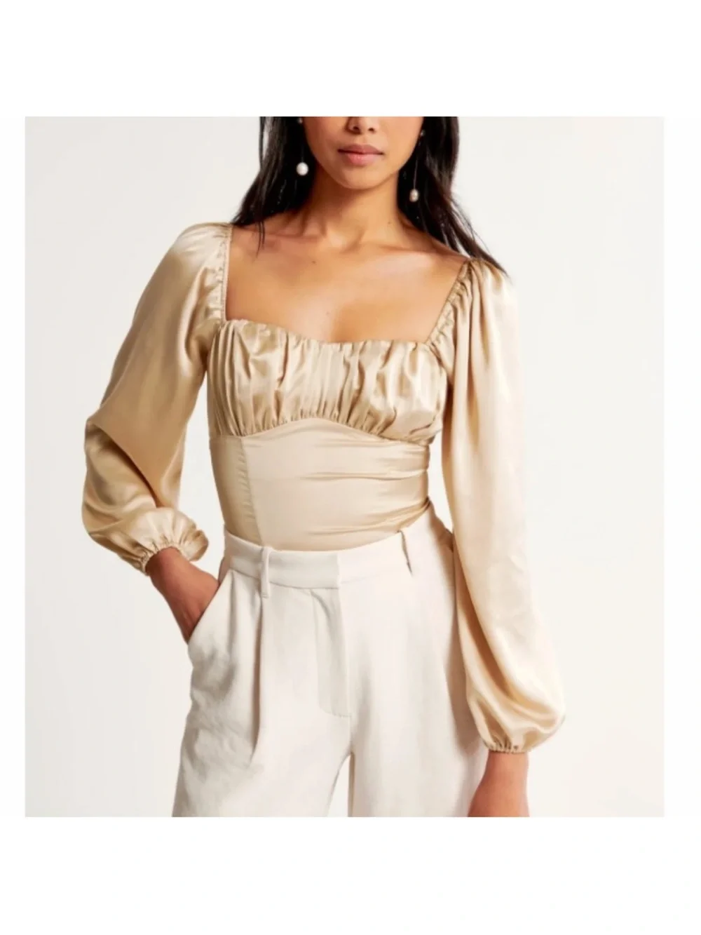 Abercrombie & Fitch Champagne Puff Long Sleeves Peasant Boho Satin Blouse Top S